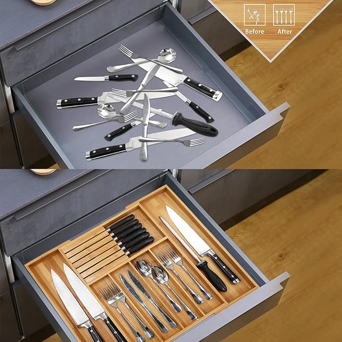 VaeFae Bamboo Silverware Drawer Organizer and Acacia Silverware Caddy Bundle