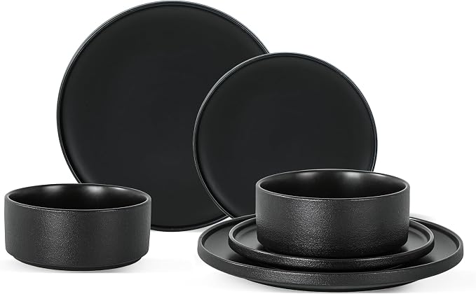 6 Piece Ceramic Plates and Bowls Sets for 2, Modern Black | Stoneware Dinnerware Set, Dishwasher & Microwave Safe, Handcrafted, Perfect for Family and Gatherings