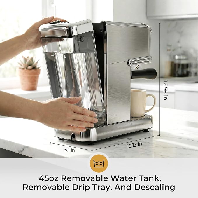 Kismile Espresso Machine 20 Bar, Small Coffee Maker with Milk Frother, Stainless Steel Coffee Machine with 45oz Removable Water Tank for Cappuccino, latte, Silver