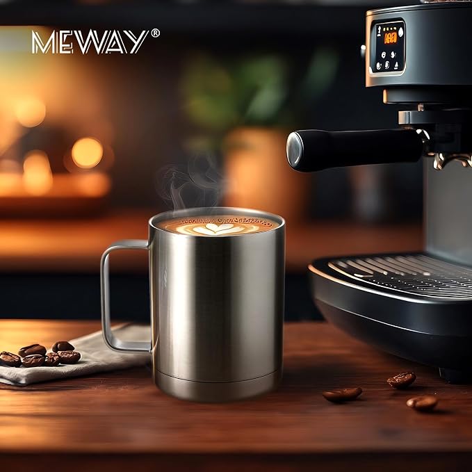 MEWAY 12oz Coffee Mug With Handle 4 Pack Bulk,Stainless Steel Insulated Travel Tumblers With Sliding Lid,Double Wall Vacuum Camping Cup for Hot & Cold Drinks Tea (Sliver,Set of 4)