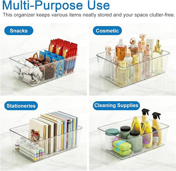 6 Pack Versatile Plastic Bins, Clear Food Storage Organizer Bins, 4 Compartment Pantry Organizer for Kitchen, Fridge, Cabinet, Desk Organization and Storage