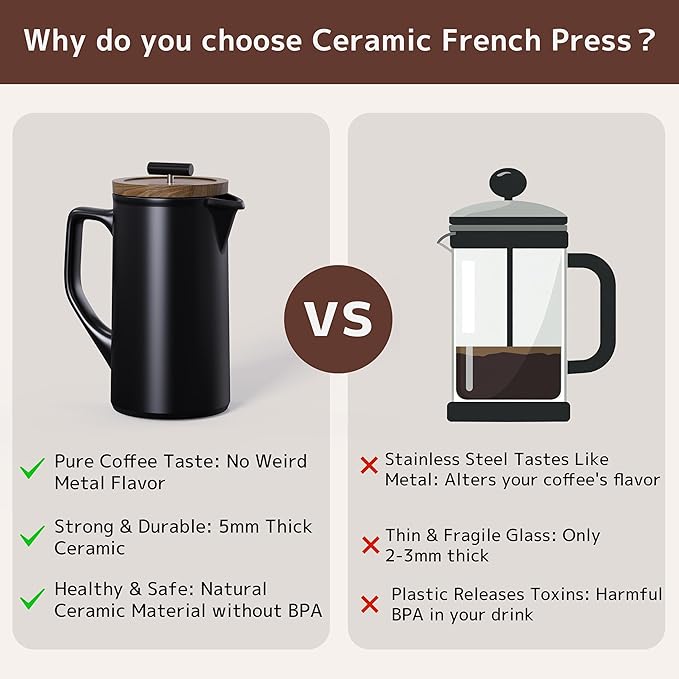 DHPO Ceramic French Press Coffee Maker, 22oz Single Serve Coffee Press with Walnut Wood Lid, Lead-Free, Food Grade Stainless Steel Filter with Dual Screen for Coffee and Loose Tea, Black