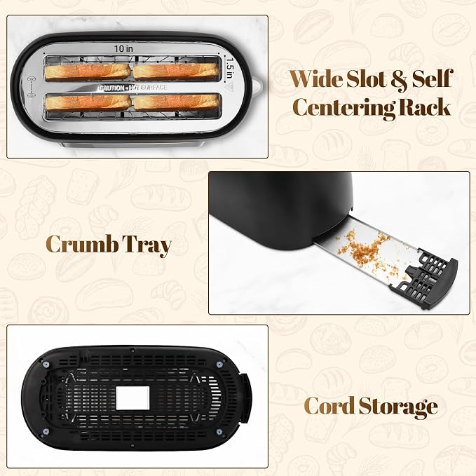 Tesslux 4 Slice Toaster with Touch Screen Control, 1.5" Wide Long Slots, 6 Browning Levels & 6 Bread Types, Digital Timer, Memory, Defrost, Reheat (Black, 4 Slice)