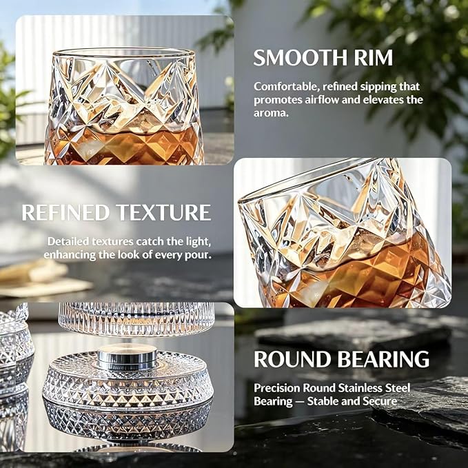 Rotating Whiskey Glasses 2-Pack – 10oz Glowing Spinning Whiskey Glasses, 360° Tumbler for Stress Relief, Heavy Anti-Slip Base, for Bourbon, Scotch, Cocktails, Unique Gifts for Men Dad Husband