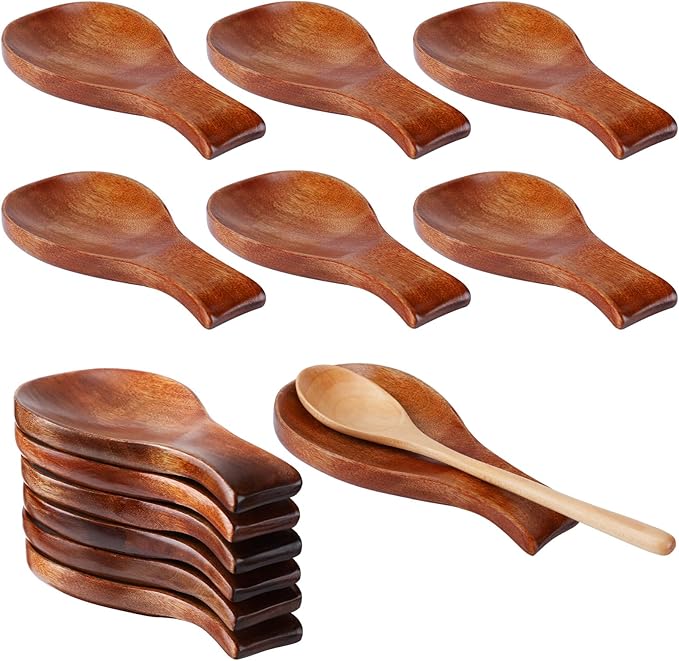 AceOrbit 6 Pack Wood Spoon Rest for Stove Top Bamboo Spoon Holder for Kitchen Counter Utensil Rest for Spatula, Ladles, Forks, Tongs, Modern and Rustic Dining Table Decor