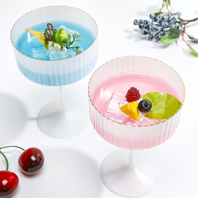 Jingmore 12 Pcs Ribbed Martini Glasses 10 oz Disposable Plastic Vintage Ribbed Coupe Glasses with Gold Rim Cocktail Unbreakable Dessert Parfait Glassware for Wedding Party Supplies (Pearl White)