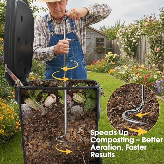 EJWOX Compost Aerator Tool, Heavy Duty Spiral Compost Turner with Ergonomic Handle, Manual Soil Aeration Tool for Garden Compost Bin and Backyard Pile Mixing