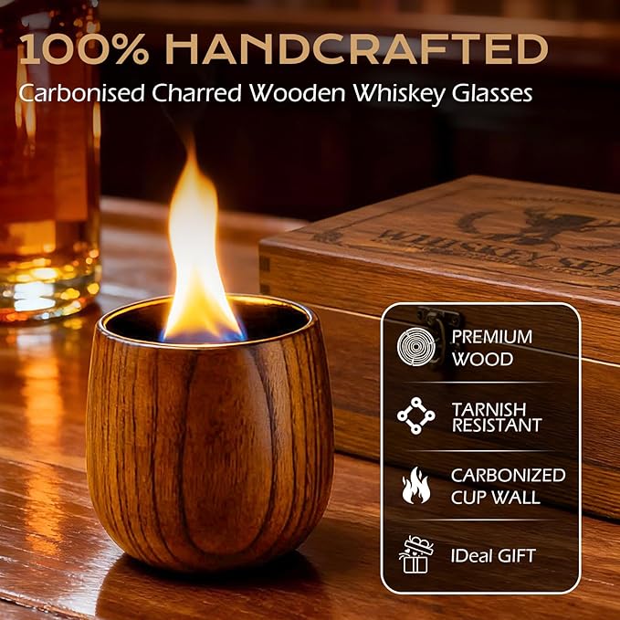 Charred Wooden Drinking Glass - Handcrafted Whiskey Gifts Set for Men, Premium Whiskey Glasses, Unbreakable Whiskey Insulated Gifts Glass for Dad, Husband, Boyfriend, Friends, Bourbon Enthusiasts