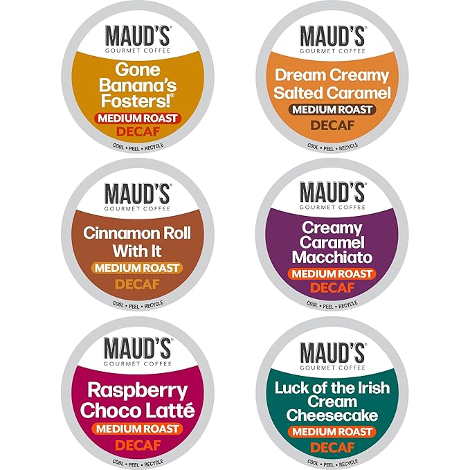 Maud's Flavored Decaf Coffee Pods Variety Pack, 24 ct, 6 Assorted Roasts & Flavors, Decaf Medium Roast Coffee in Single Serve Pods - 100% Arabica Coffee, Compatible with Keurig K Cups Maker