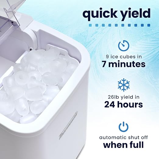 Nostalgia Thermostar Automatic Self-Cleaning Portable Electric Countertop Ice Maker Machine, 26 Pounds in 24 Hours, 9 Ice Cubes Ready in 7 Minutes, with Ice Scoop and Basket, White