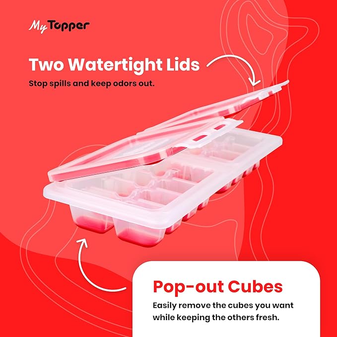 IceTopper Plus Ice Cube Tray with 2 Attached Lids - Easy Release Ice Cube Molds, 16 Cubes per Tray, Stackable & Dishwasher Safe, 100% Food Grade Materials, BPA Free & Recyclable