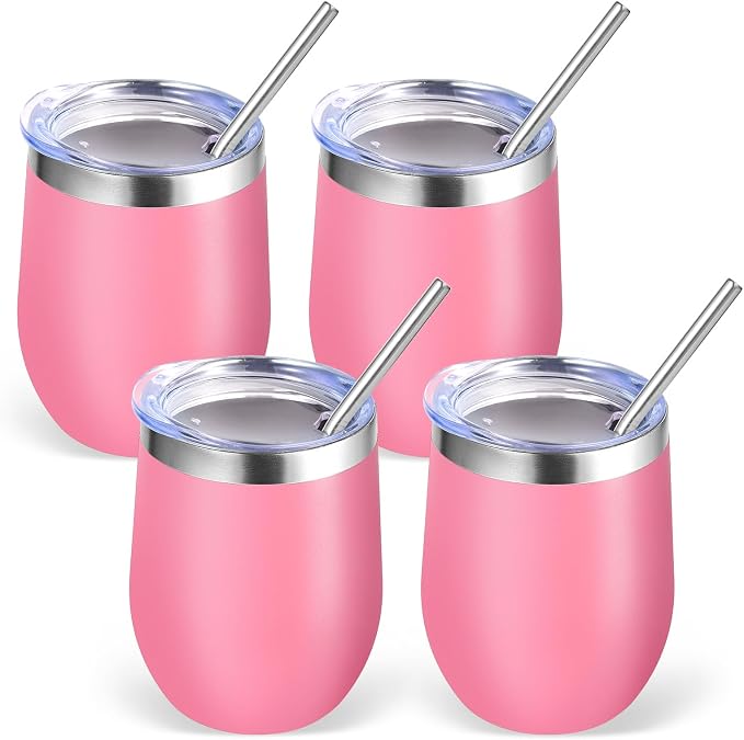 Volhoply 12oz Stainless Steel Wine Tumbler with Lid Bulk 4 Pack,Double Wall Vacuum Stemless Wine Glasses,Reusable Metal Travel Coffe Mug with Straw,Insulated Cup Gifts for Women,Christmas（Pink,4 Set）