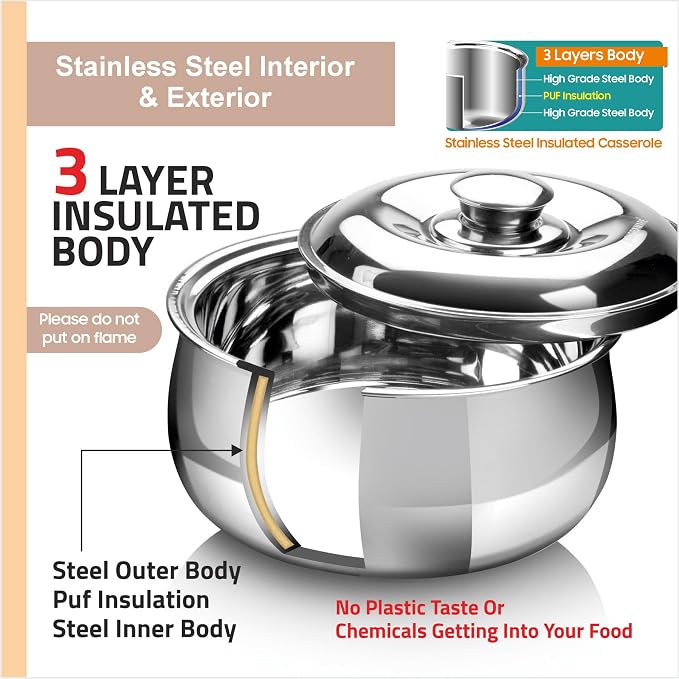 SIGNORA WARE Large Insulated Casserole Dish with Lid 1000ml. Stainless steel Hot Pot Food Warmer/Cooler -Thermal Soup/Salad Serving Bowl Stainless Steel Hot Food Container–Best Gift Set for Moms