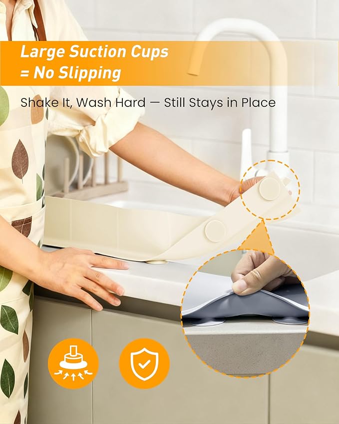 Kitchen Sink Splash Guard 23" 18" 30" Silicone Water Guard with Strong Suction Cups, Faucet & Countertop Protector, Bathroom & Sink Edge Splash Guard Strip, Dishwasher Safe-Cream 23"