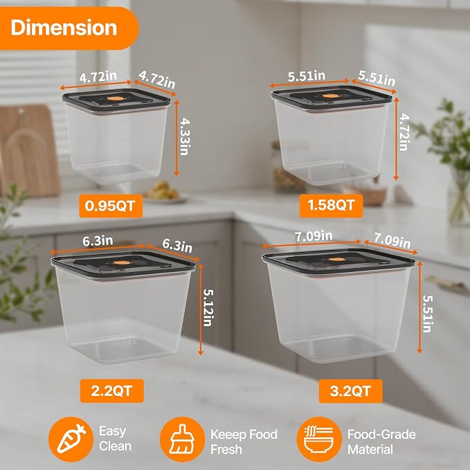 8 Pack Food Storage Containers with Lids；BPA-Free Cereal, Rice, Flour, Pasta & Snack Container, Stackable & Durable,Kitchen Pantry Organizer （0.95qt+1.5qt+2.2qt+3.2qt+4 * 8qt）