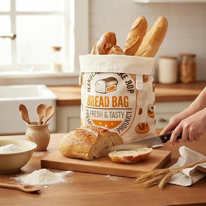 FWOAFTER 2 Pack Beeswax Bread Bags for Homemade Sourdough (13"x17") - Double Layer Cotton Lined Reusable Keeper - Breathable Buckle Closure for Artisan Loaves, Baguettes & Pastries