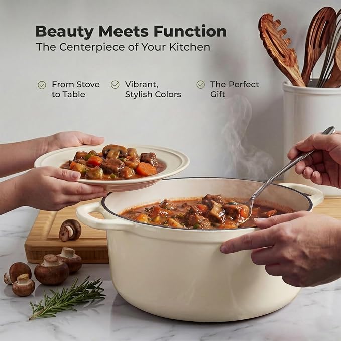 Zulay Kitchen 5 Quart Enameled Cast Iron Dutch Oven Pot with Lid – Premium Durability & Oven Safe up to 500°F – Heavy Duty Cookware Perfect for Bread Baking, Stews, Braising & Roasting – Ivory