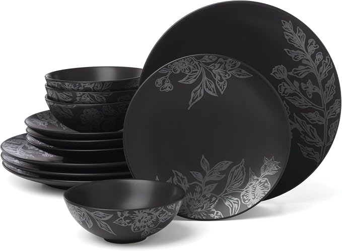 Oneida 897391 Roseto 12-Piece Dinnerware Set, Charcoal