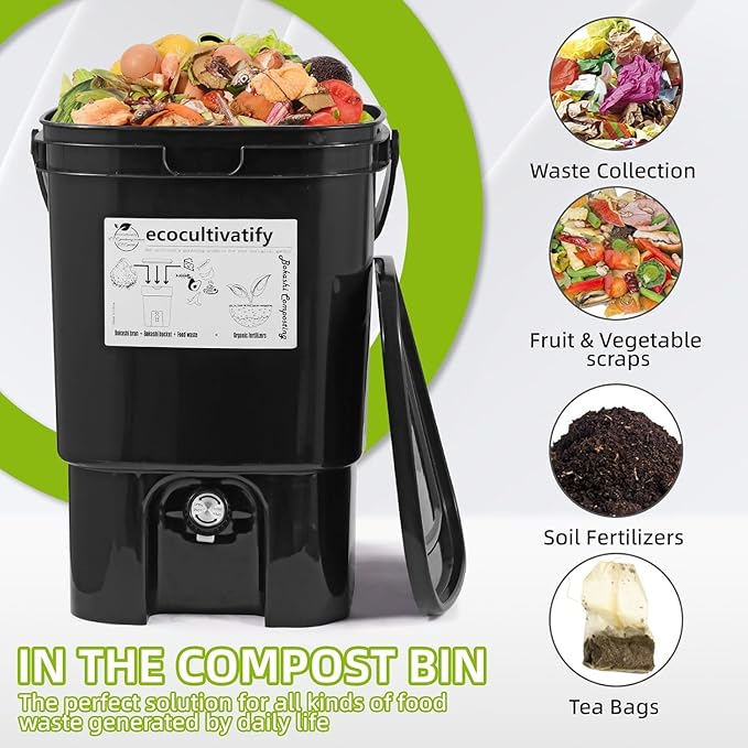 20L Bokashi Compost Bin, 5.28 Gallon Compost Bin for Kitchen Composter with Lid, Bokashi Start Kit with Bran (Tan & Dark Green) (20L/5.28GAL Black)