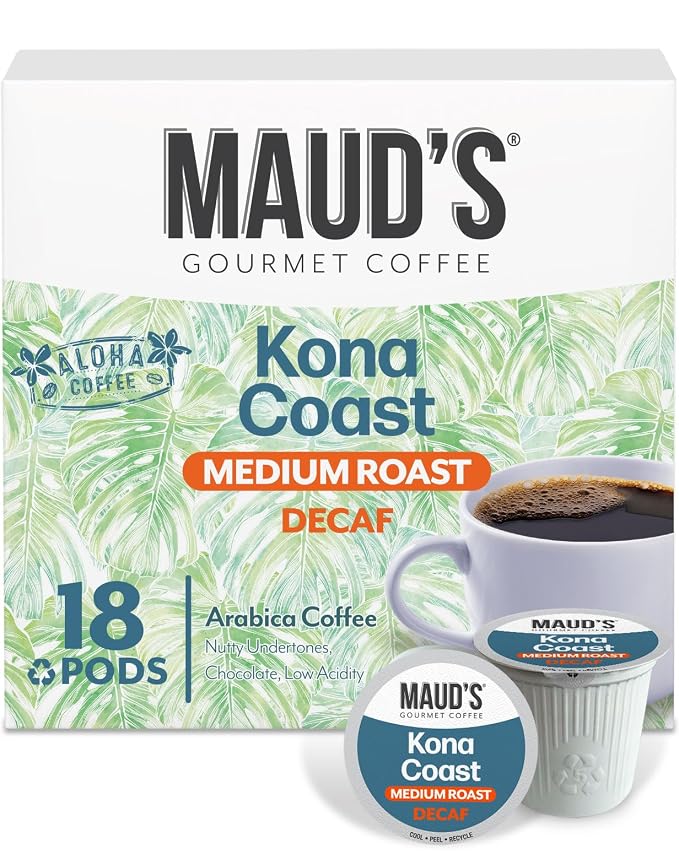 Maud's Decaf Kona Coffee Pods, 18 ct, Decaffeinated Medium Roast Coffee in Single Serve Pods – 100% Arabica Coffee, Compatible with Keurig K Cups Maker