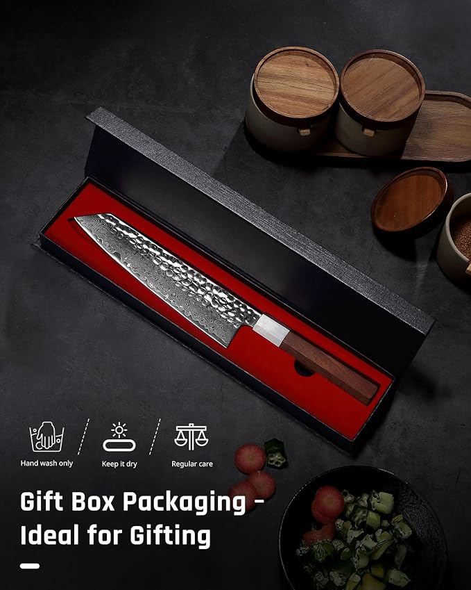 YOTSUBA 8 inch Japanese Kiritsuke Chef Knife, Hand Forged Damascus Kitchen Knife, 9Cr18MoV High Carbon Steel Knife, Professional Chefs Knife with Ergonomic Rosewood Handle