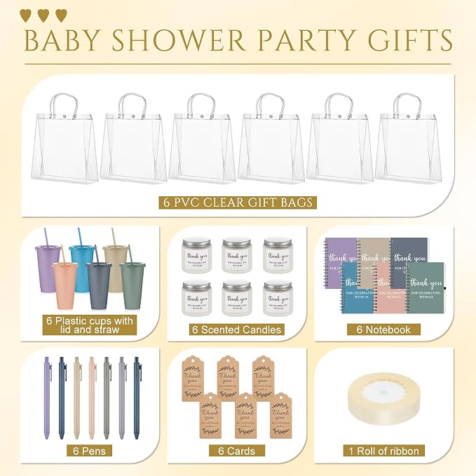 Nuogo 6 Sets New Parent Shower Prizes for Player Winners Adult, Wedding Bridal Shower Gift, Plastic Tumbler Notebook Scented Candle Ballpoint Pen Bag (Light Morandi Color,Classic Style)