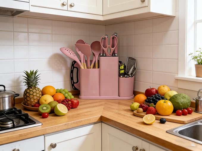 Kitchen Utensils and Knives Set, 20PCS Knife and Cooking Spoon Tools Set with Storage Holder, Sharp Stainless Steel Knife Sets with Bread, Chef Knife (Pink)