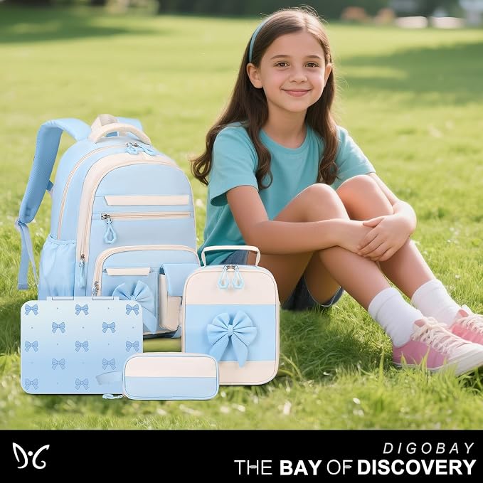 DIGOBAY Girls Backpack - Kids Bento Box Set with Insulated Lunch Bag, Cutlery and Pencil Case, 6 Leak-Proof Compartments, Removable Tray for Girls, Teens School Picnic (Blue)