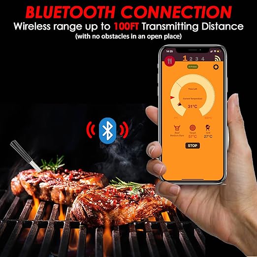 Smart Bluetooth Meat Thermometer Probe, Wireless Food Thermometer for Grill Oven BBQ Smoker, 30m Range IP67 Waterproof App Control Alerts Fast Charge LED Indicator Vibrating Alarm Kitchen Cooking Tool