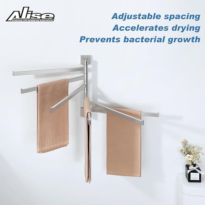 Alise Swivel Towel Rack, 6-Arm Towel Bar, Space Saving Towel Rack Wall Mount Drying Towel Holder, Swing Out Towel Holder for Bathroom Kitchen Toilet, Square SUS304 Stainless Steel, Brushed Nickel