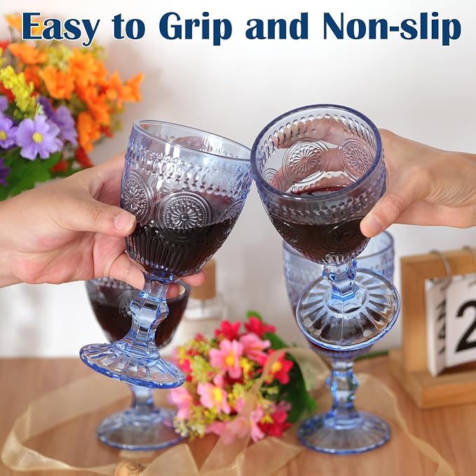 Pack of 12 Vintage Glass Goblets Glassware, 10 oz, Light Blue | Wine Glasses, Not Dishwasher Safe,Wedding Glass Set, Embossed Drinking Glasses Cups for Thanksgiving Wedding Party Bar