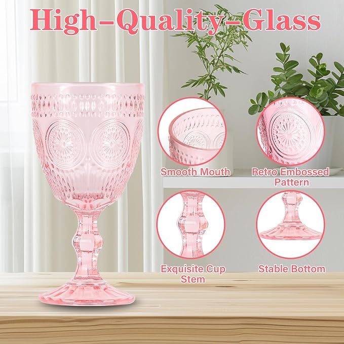 Pack of 12 Glass Goblets Wine Glassware, 10 oz, Pink | Wine Glasses, Not Dishwasher Safe,Wedding Glass Set, Embossed Drinking Glasses Cups for Thanksgiving Wedding Party Bar