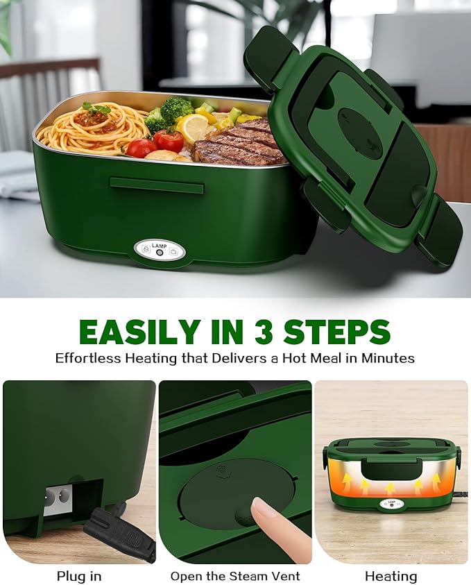 80W Electric Lunch Box Food Warmer for Car/Truck/Office, 110V/24V/12V Portable Heated Lunch Box for Adults, Dual 1.5L Stainless Steel Containers, Leak-Proof & Fast Heating, 3-in-1 Design