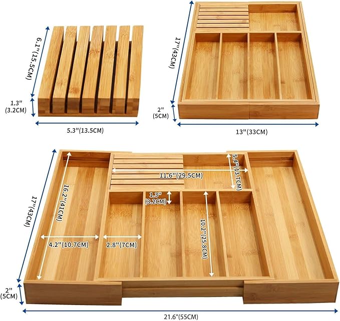 VaeFae Bamboo Silverware Drawer Organizer with Knife Block Set