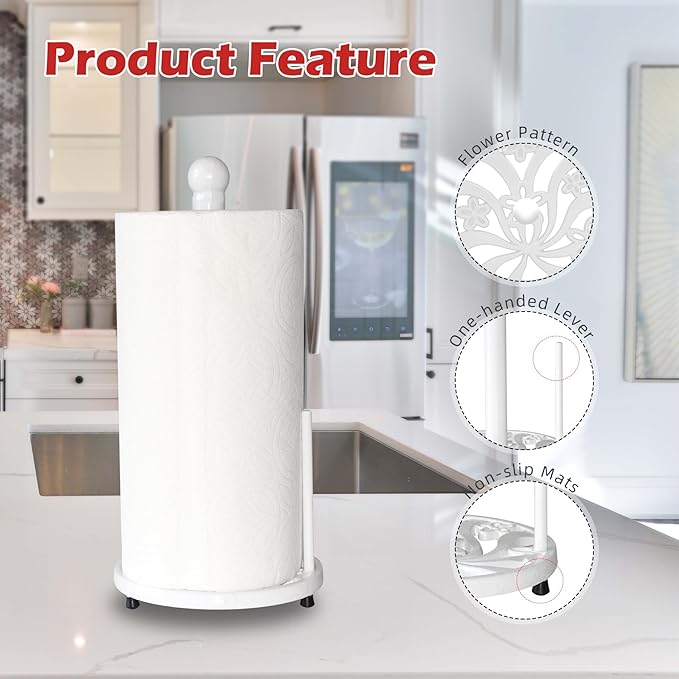 White Cast Iron Paper Towel Holder for Kitchen Countertop - Vintage Floral Standing Dispenser with Heavy Weighted Base, Farmhouse Decor, Fits Jumbo Rolls, One-Handed Tear