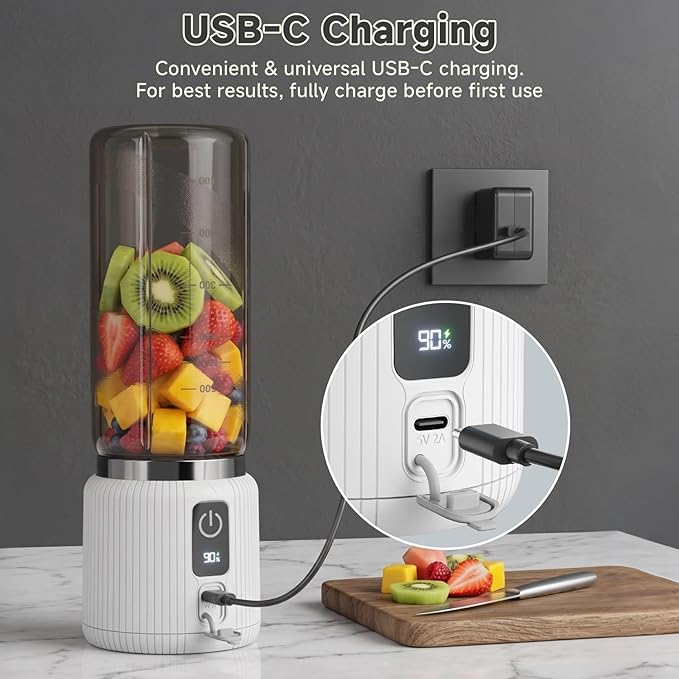 COKUNST Portable Blender, Personal Blender for Smoothies and Shakes with LED Display, USB C Charging Juice Mixer, Small Smoothie Maker with 8 Blades for Home, Outdoors, Travel, Office, 17oz, White