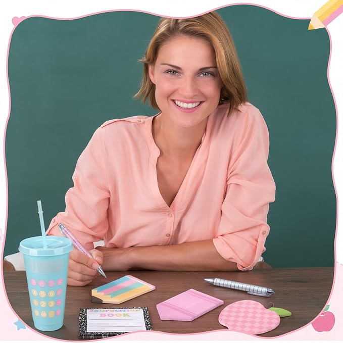 Honeydak 24 Set Back to School Teacher Gift Bulk Teachers Appreciation Gifts in Bulk 24oz Teacher Tumbler Cute Pastel Composition Notebook Sticky Note Ballpoint Pen for Mentor Lecturer Educator