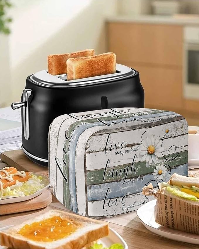 White Green Blue Toaster Cover 4 Slice, Vintage Wooden Rustic Dustproof Bakeware Oven Protector with Top Hook, White Daisy Floral Waterproof Small Kitchen Appliance Toasters Dust Cover, 12"x11"x8"