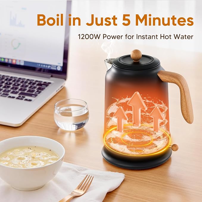 Seehot® Electric Kettle With Thermometer, 1.7L Electric Tea Kettle, 1200W Hot Water Kettle Electric, Auto Shutoff, Boil-Dry Protection, 304 Stainless Steel, Cordless Base, Black