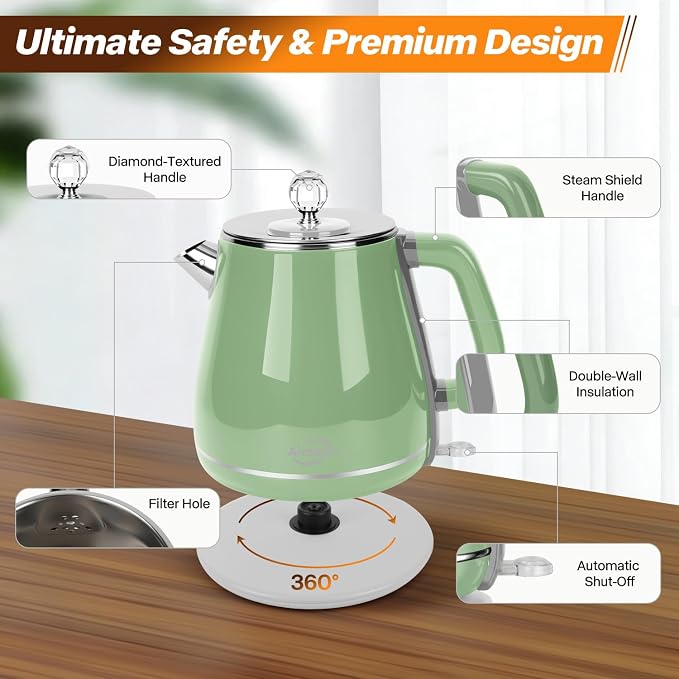 Retro Electric Tea Kettle 1.8L, Stainless Steel Electric Hot Water Kettle for Boiling Water, BPA Free, 1350W Fast Boil, Auto Shut Off & Boil-Dry Protection, Sage Green