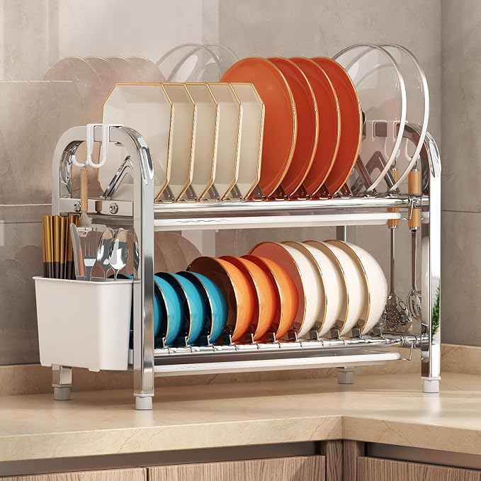 Dish Drying Racks,2 Titers Stainless Steel Dish Racks for Narrow Kitchen Counter,Dishwashing Rack with Adjustable Bowl and Plate Clips for Small RVs,17.9''D x 7.24''W x 14.96''H