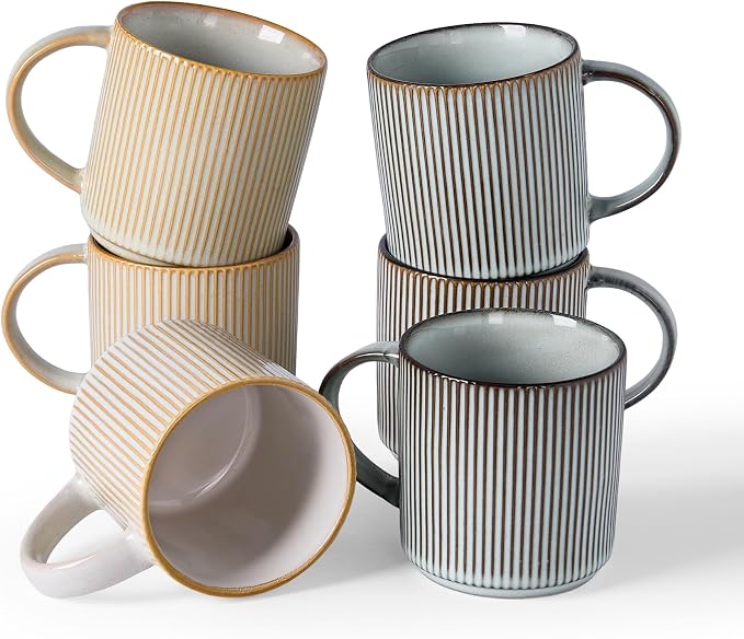 famiware Coffee Mug Set for 6, Star 12 oz Catering Mugs Cup Set with Handle for Coffee, Tea, Cocoa, Milk - Ceramic Stoneware Drinkware Set, Cappuccino White+Smoky Blue