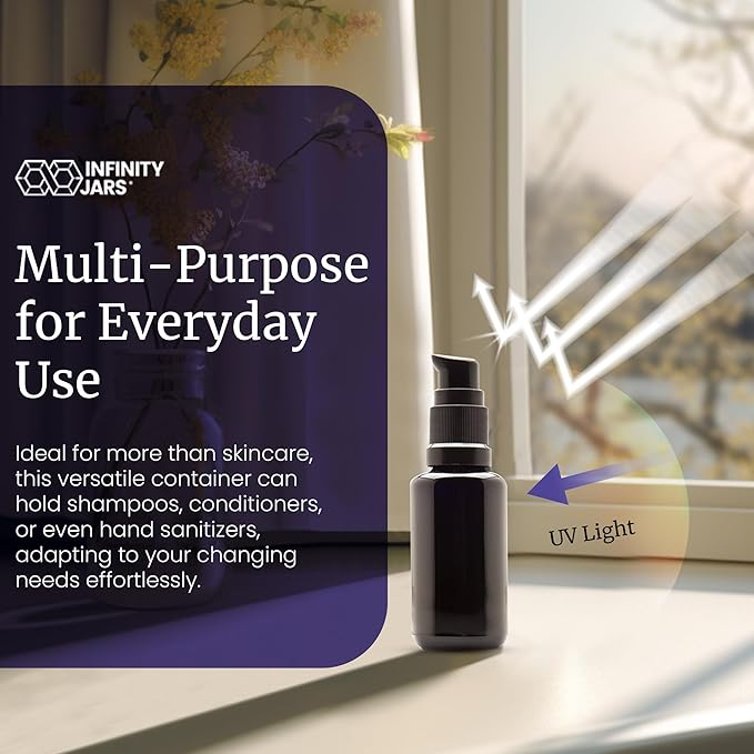 Infinity Jars Ultraviolet Glass Push Pump Bottle 30 Ml (1 fl oz) Refillable Containers for Lotion Homemade Cosmetics Make-up Skin Care Cream, Lotion, Shampoo, Conditioner Dispenser Bottles