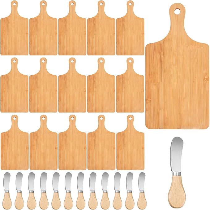 24 Pcs Bamboo Cutting Board Set with 24 Pcs Cheese Knives, 11" x 5" Individual Charcuterie Boards, Blank Laser Engraving Boards & Butter Knives Bulk Set, Perfect for Kitchen, Gifts, Home Decor