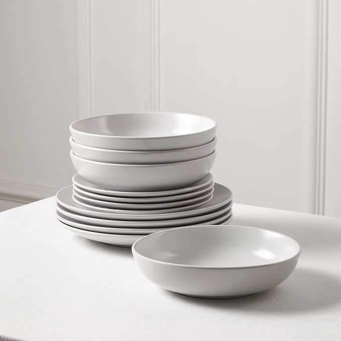 Earth & Clay Mia 12-Piece Stoneware Dinnerware Set, Plates and Bowls Set, Dishwasher and Microwave Safe, Dish Set for 4, White
