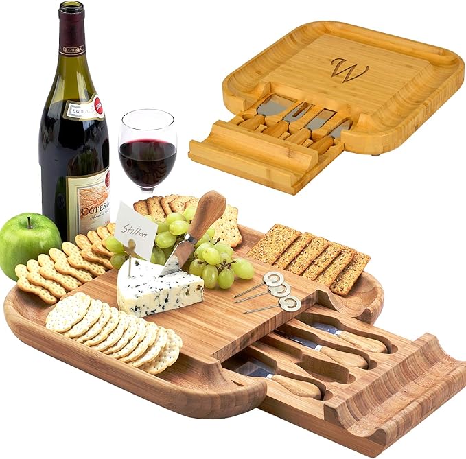 Picnic at Ascot Personalized Monogrammed Engraved Bamboo Cutting Board for Cheese & Charcuterie with Knife Set & Cheese Markers- Designed & Quality Checked in USA