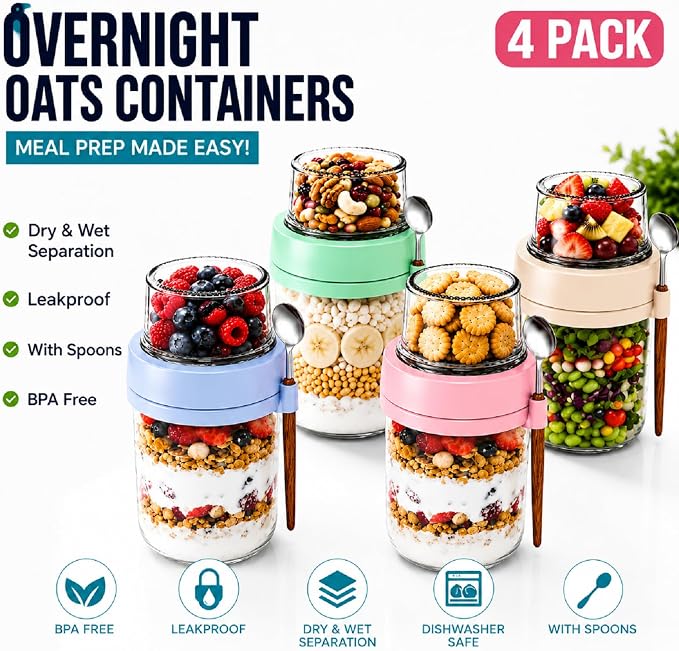 Yogurt Containers with Lids for Granola, 4 Pack Parfait Jars, Food Grade Glass, 20 oz Leakproof Overnight Oats Jars with Compartments for Oatmeal Salad Yogurt, BPA Free