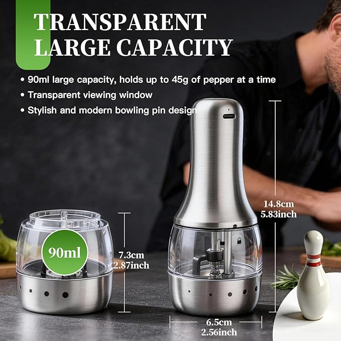 Electric Salt and Pepper Grinder Mill Set, 90ml Rechargeable Automatic Salt and Pepper Shakers with Dusty Tray, LED Lights, 5 Adjustable Coarseness for Kitchen, Outdoor Birthday Gifts for Women Mom