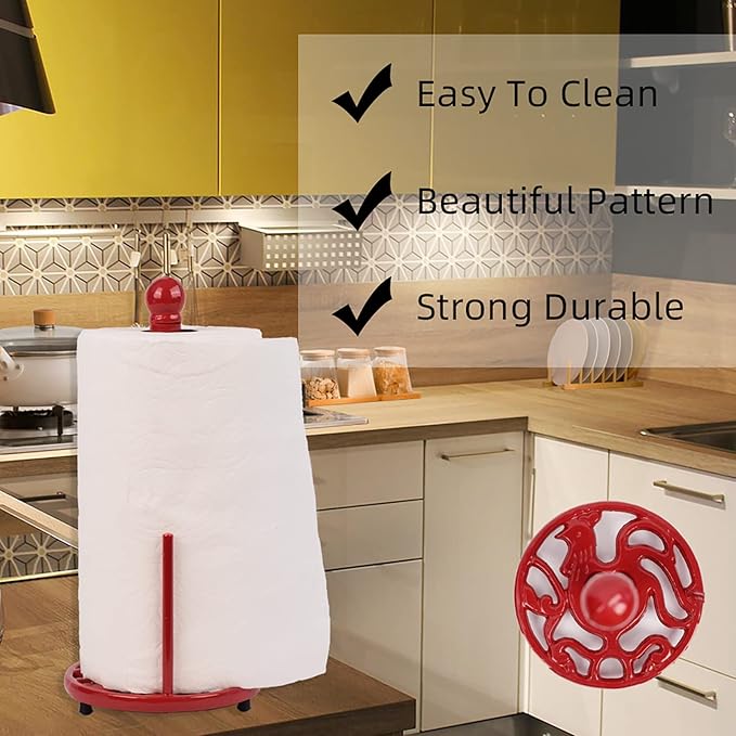 Red Cast Iron Paper Towel Holder for Kitchen Countertop - Vintage Freestanding Stand with Heavy Weighted Base, Retro Farmhouse Decor, Fits Jumbo Rolls, Easy One-Handed Tear