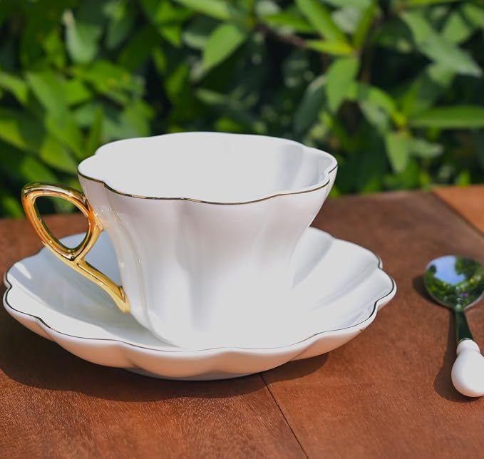 British Coffee Cup 3 Piece Set（6.8oz） Household Fashional Tea Cup with Saucer Spoon (white-B)